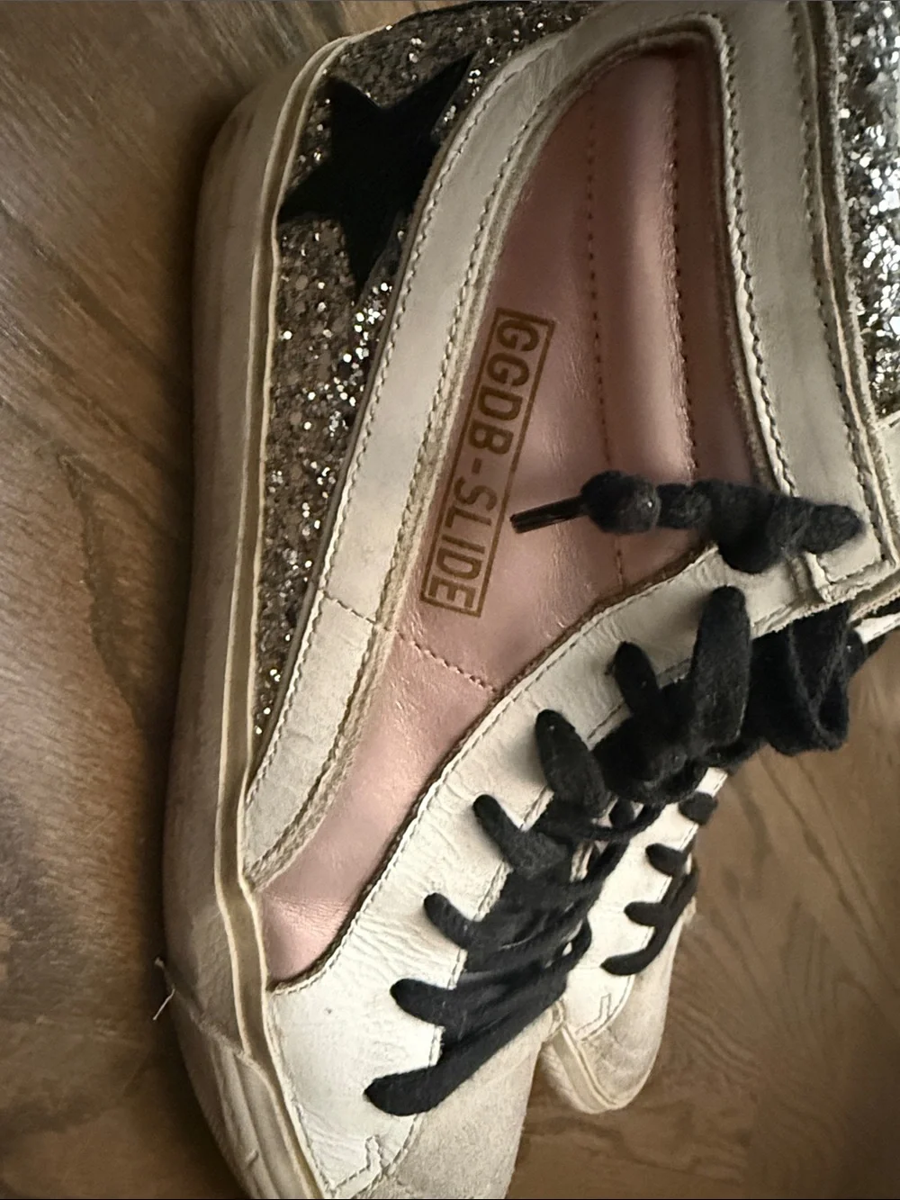 Golden Goose Pink, White & Black High-Top Sneakers with Glitter Heel - Picture 2 of 6